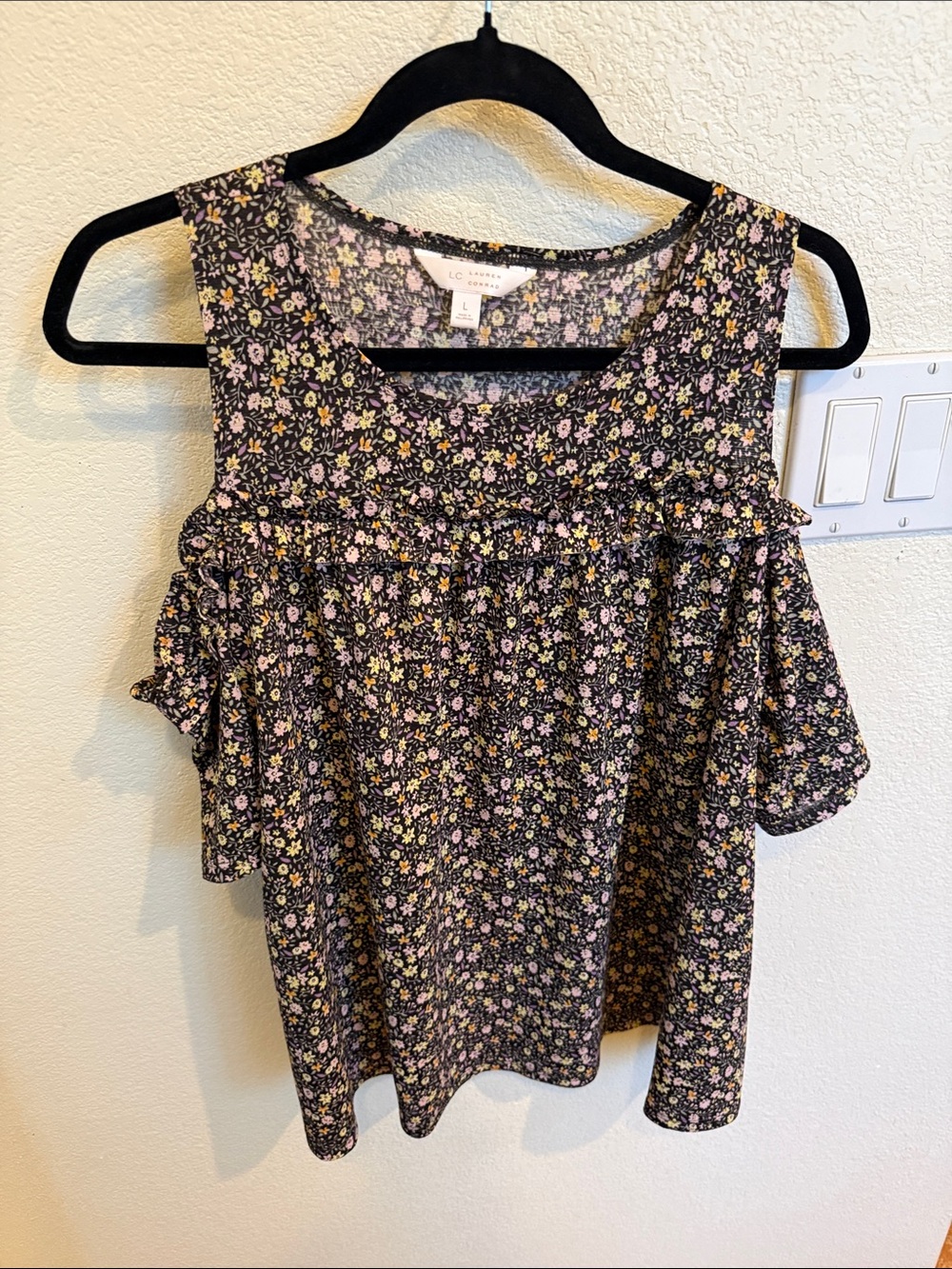 LC Lauren Conrad Black Floral Cold-Shoulder Ruffle Blouse